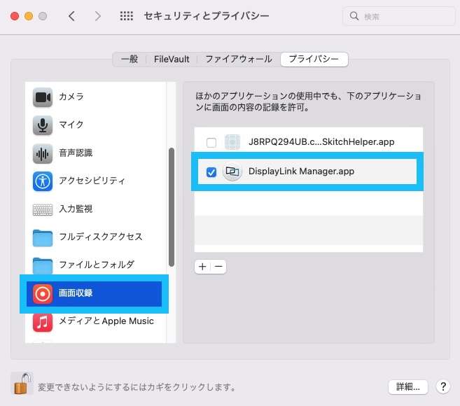 画面収録でDisplayLink Manager.appにチェック